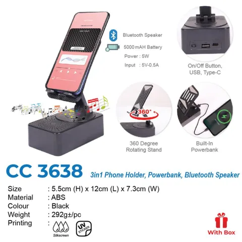 CC 3638 (3 in 1 Phone Holder, Powerbank, Bluetooth Speaker)