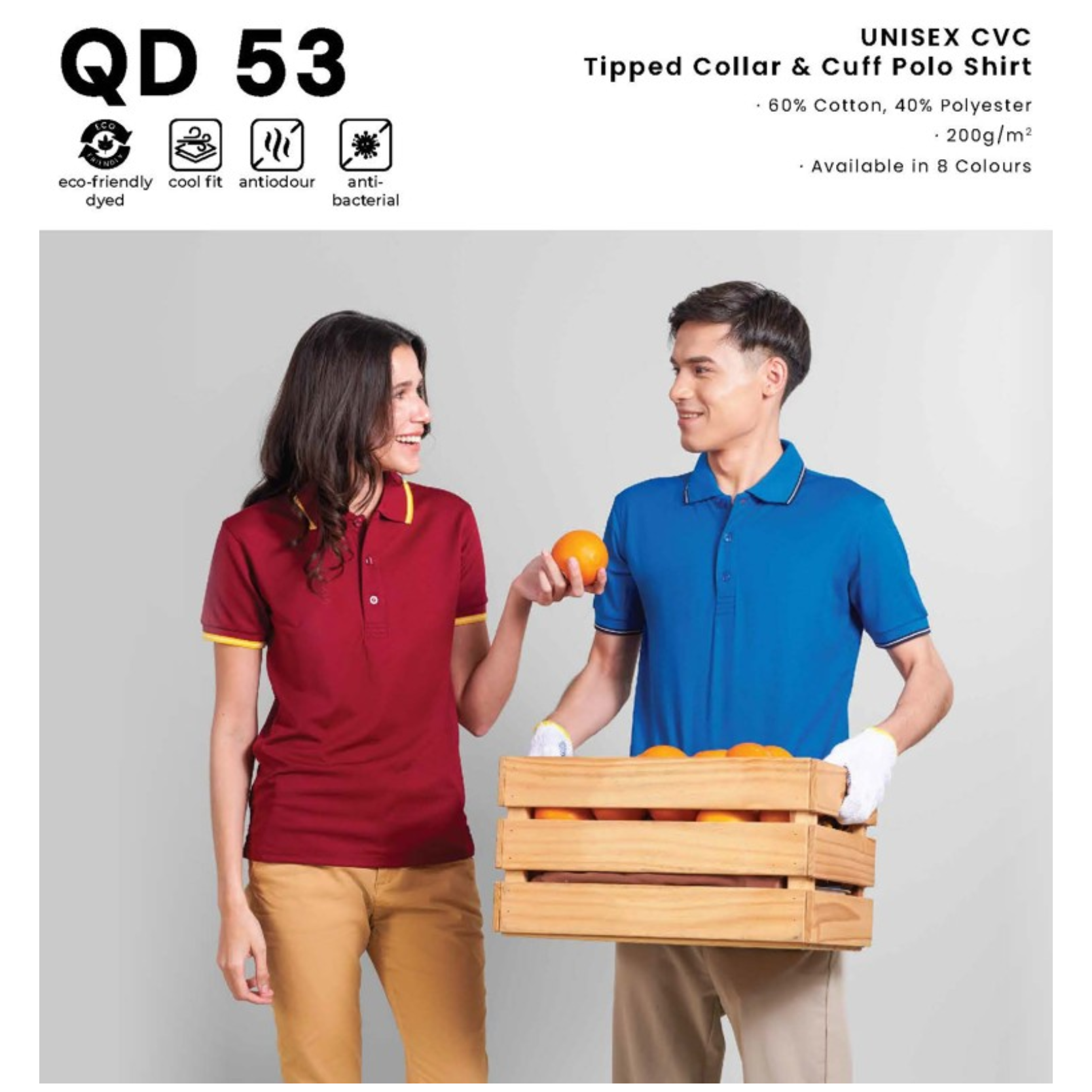 QD 53 UNISEX CVC Tipped Collar & Cuff Polo Shirt