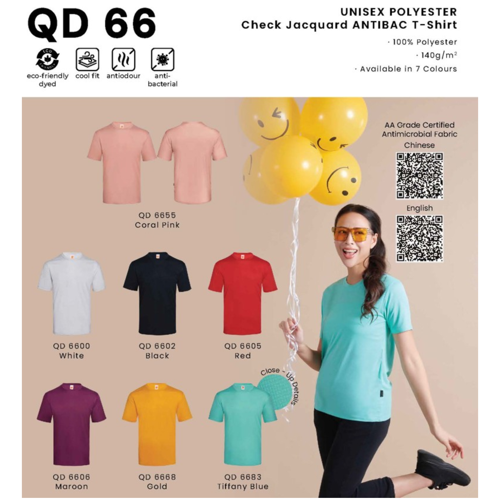 QD 66 UNISEX POLYESTER Check Jacquard ANTIBAC T-Shirt