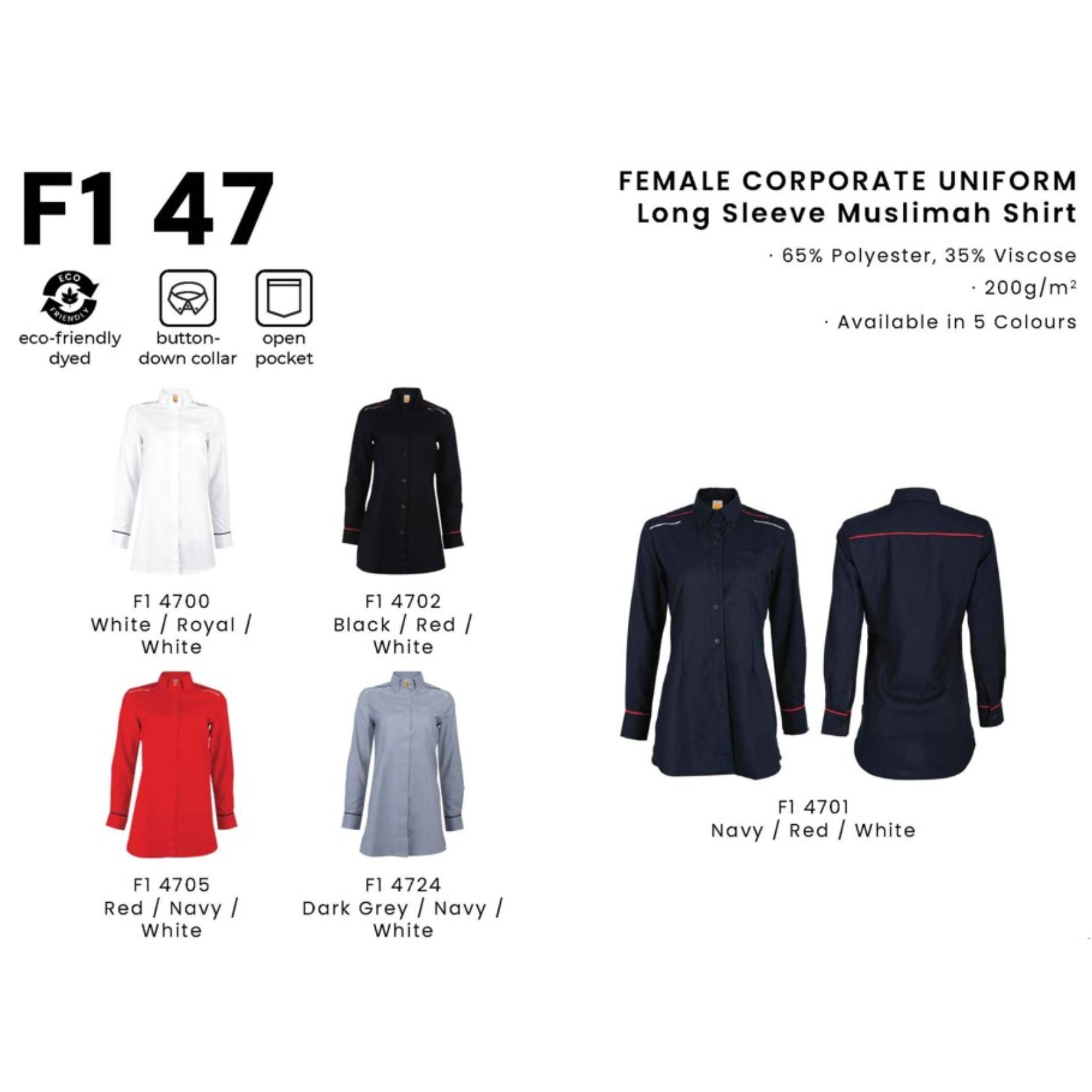 F1 47 FEMALE CORPORATE UNIFORM Long Sleeve Muslimah Shirt