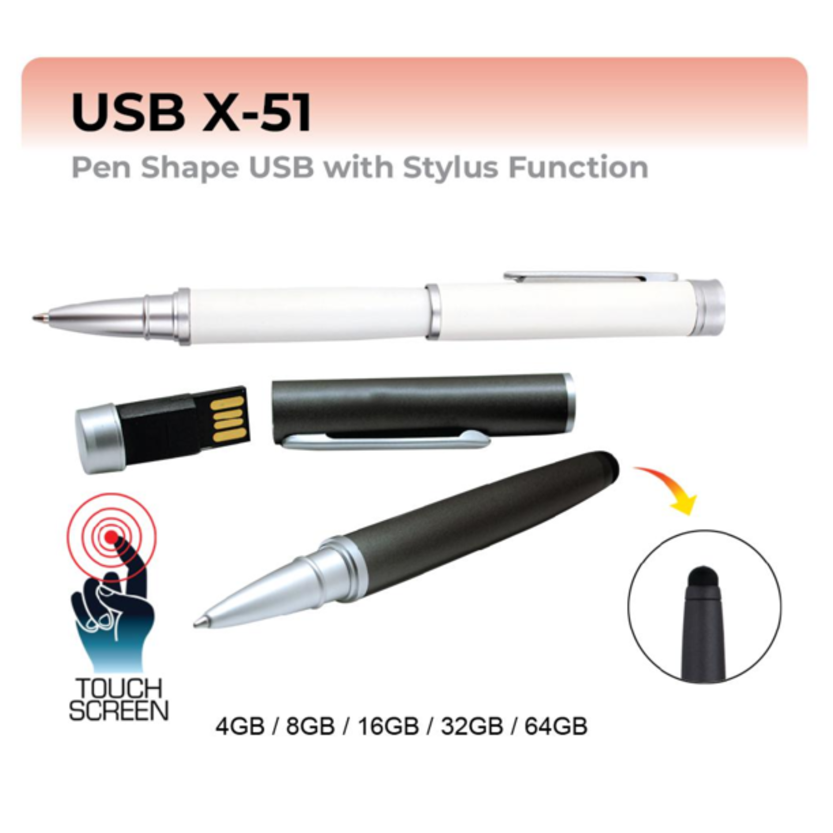 USB X-51 Pen Shape USB with Stylus Function