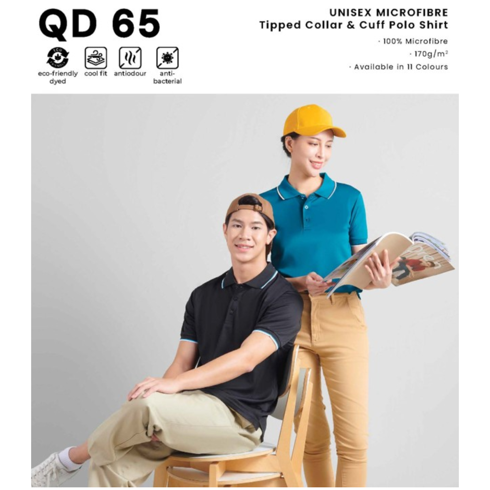 QD 65 UNISEX MICROFIBRE Tipped Collar & Cuff Polo Shirt