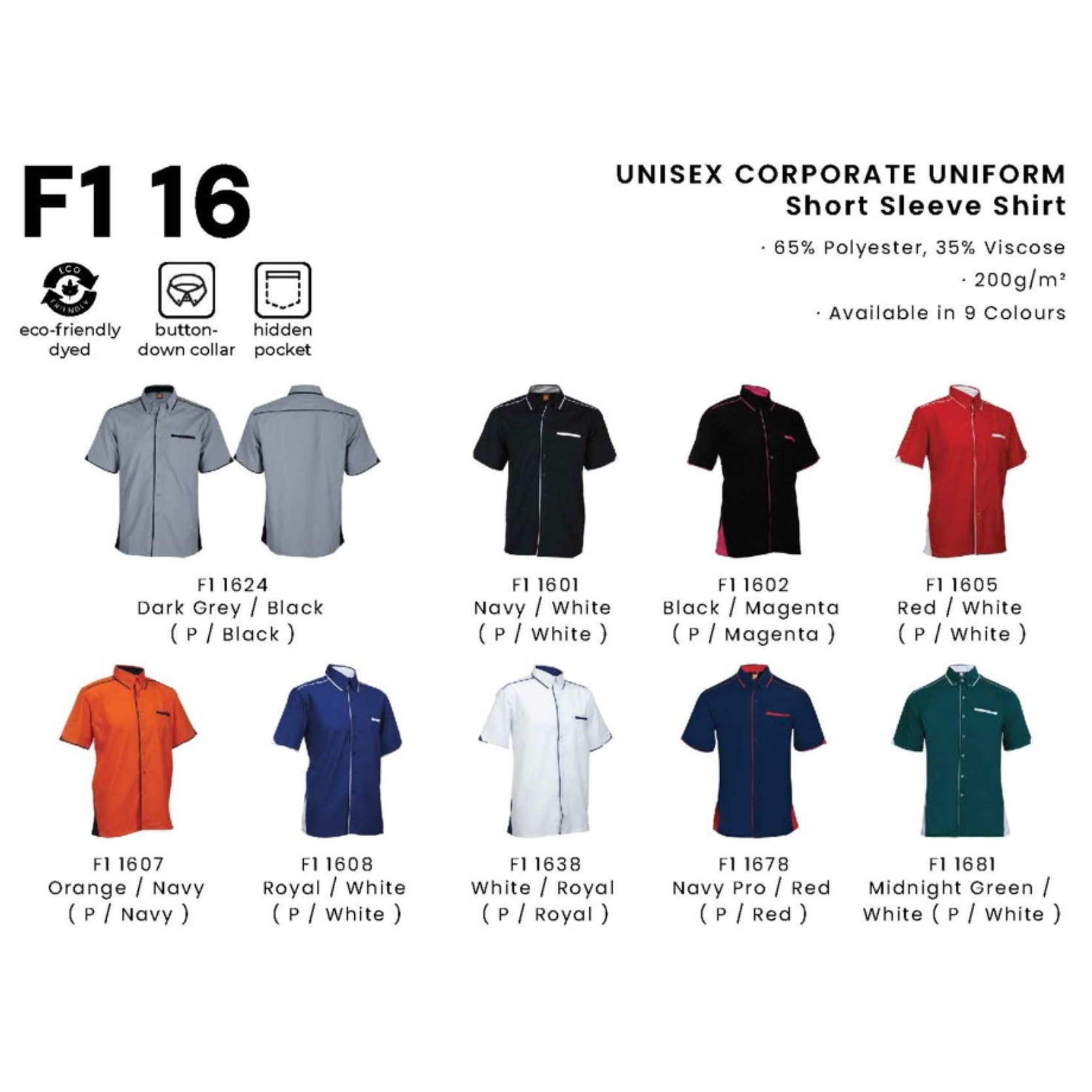 F1 16 UNISEX CORPORATE UNIFORM Short Sleeve Shirt