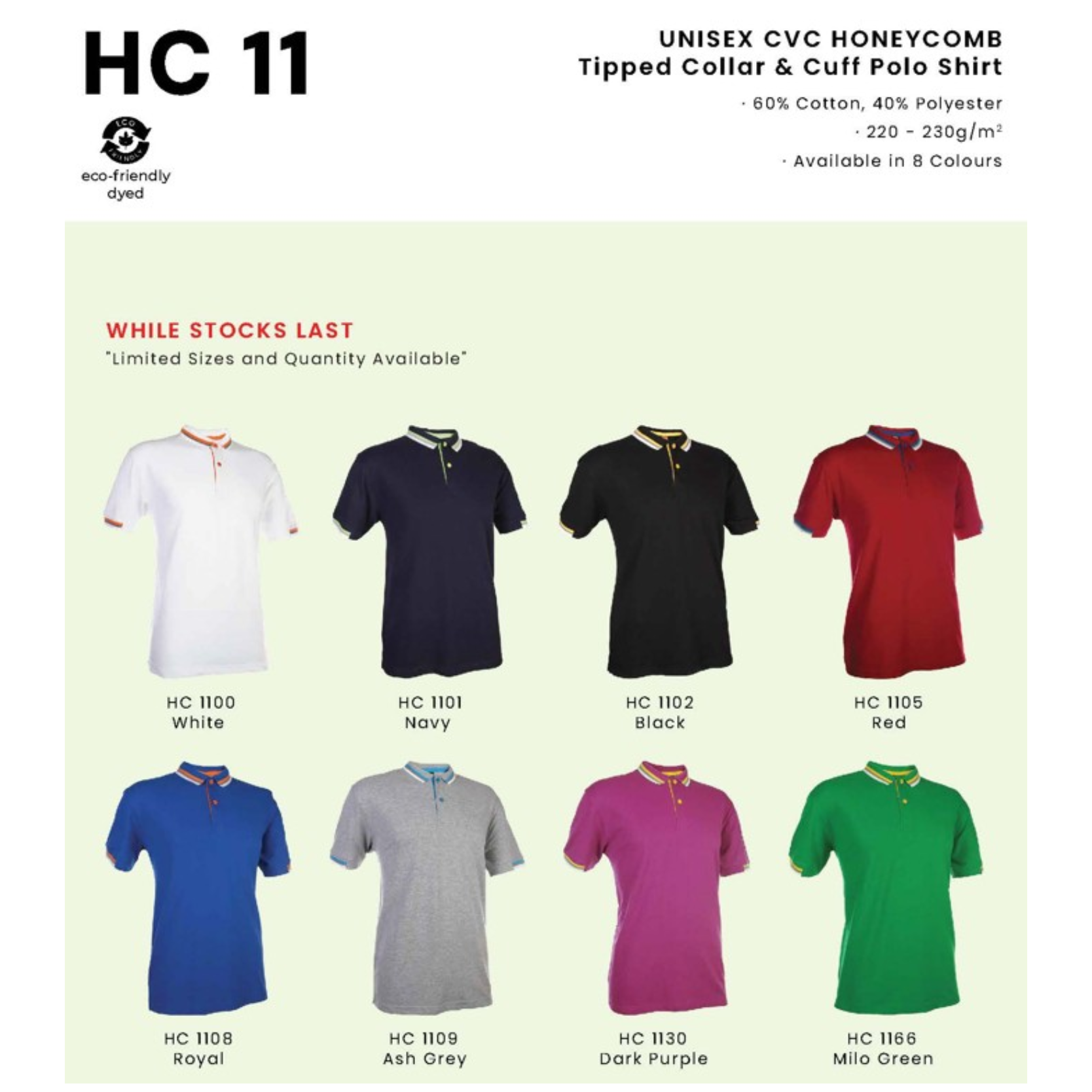 HC 11 UNISEX CVC HONEYCOMB Tipped Collar & Cuff Polo Shirt