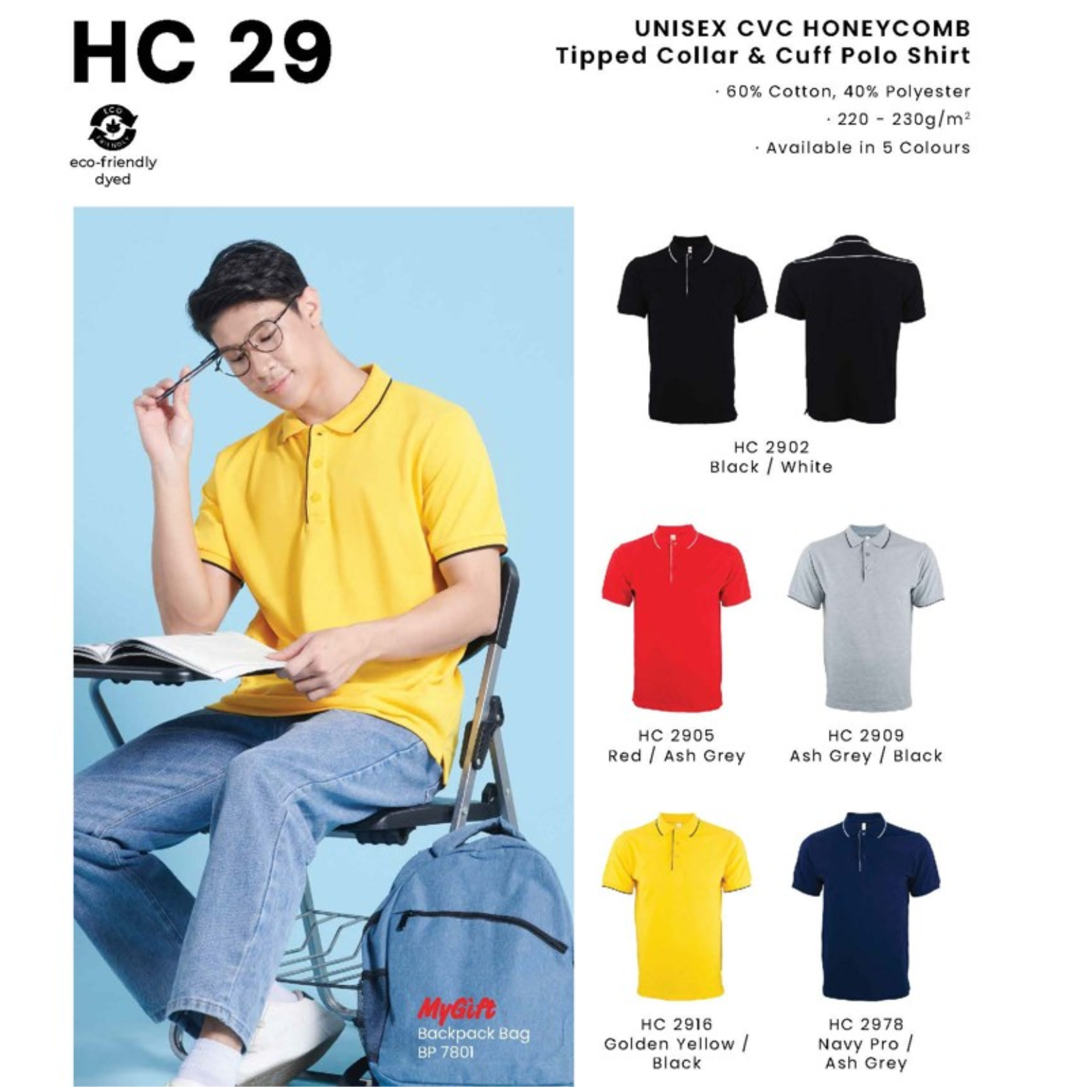 HC 29 UNISEX CVC HONEYCOMB Tipped Collar & Cuff Polo Shirt 