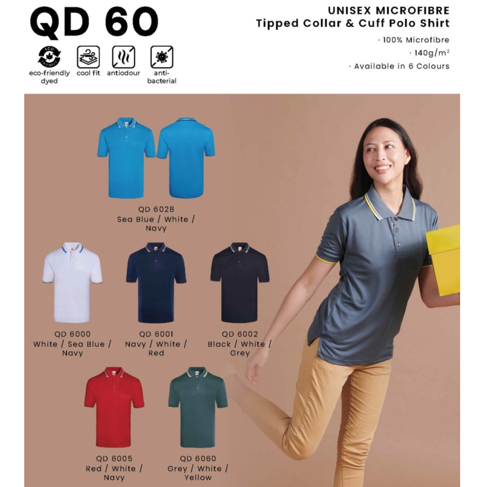 QD 60 UNISEX MICROFIBRE Tipped Collar & Cuff Polo Shirt