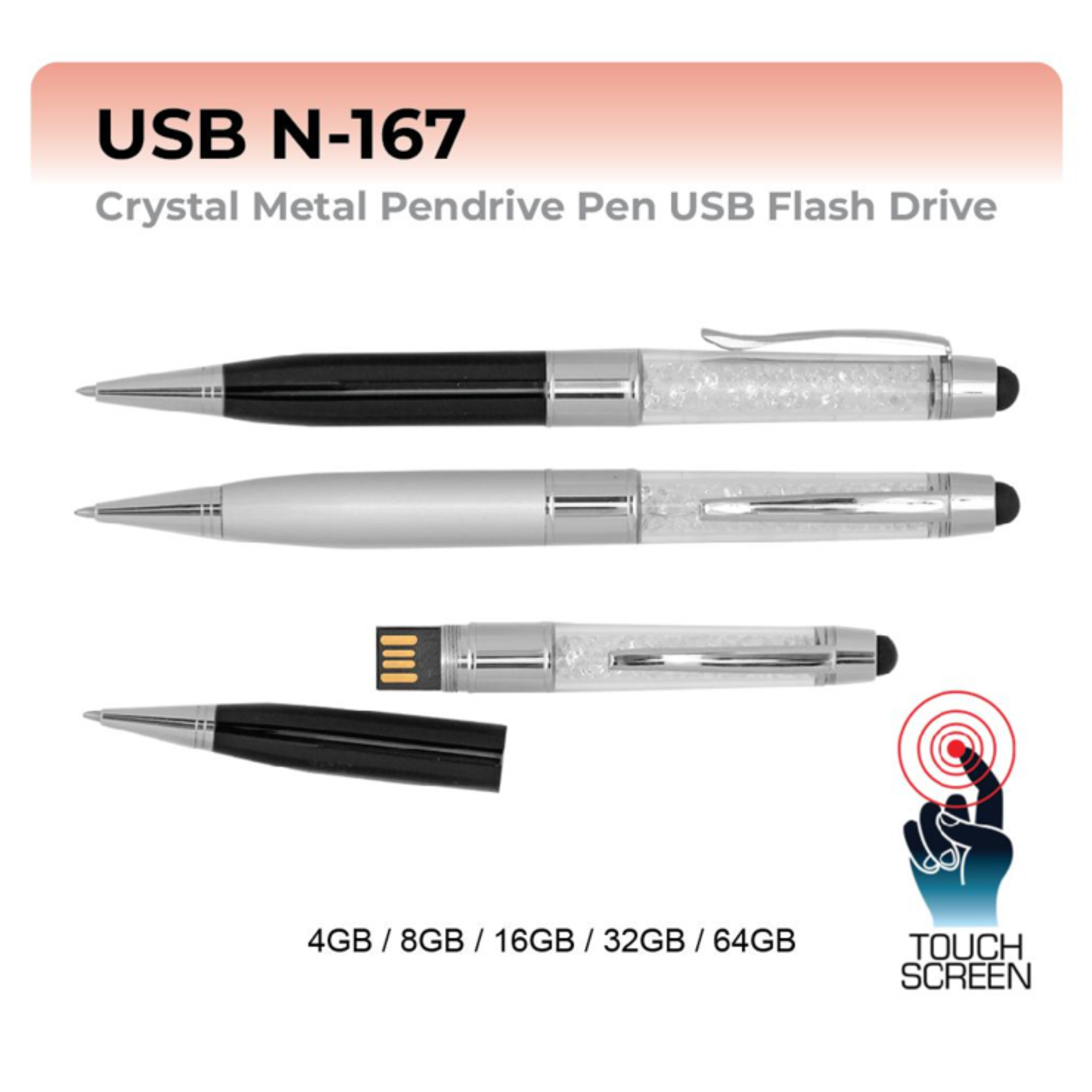 USB N-167 Crystal Metal Pendrive Pen USB Flash Drive