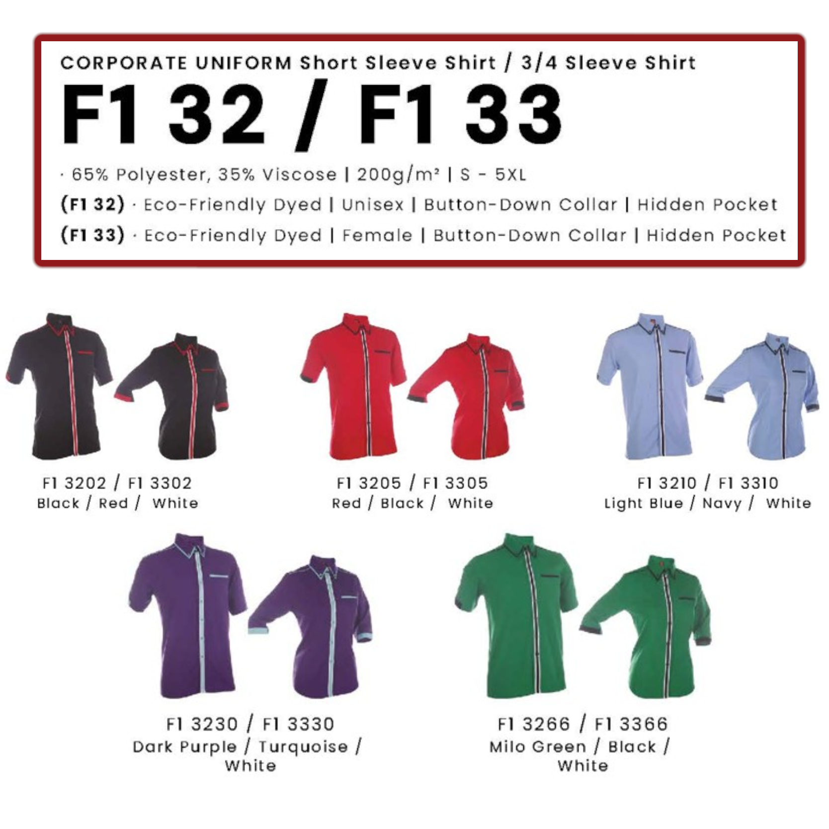 CORPORATE UNIFORM (F1 32 Short Sleeve Shirt & F1 33 3/4 Sleeve Shirt)