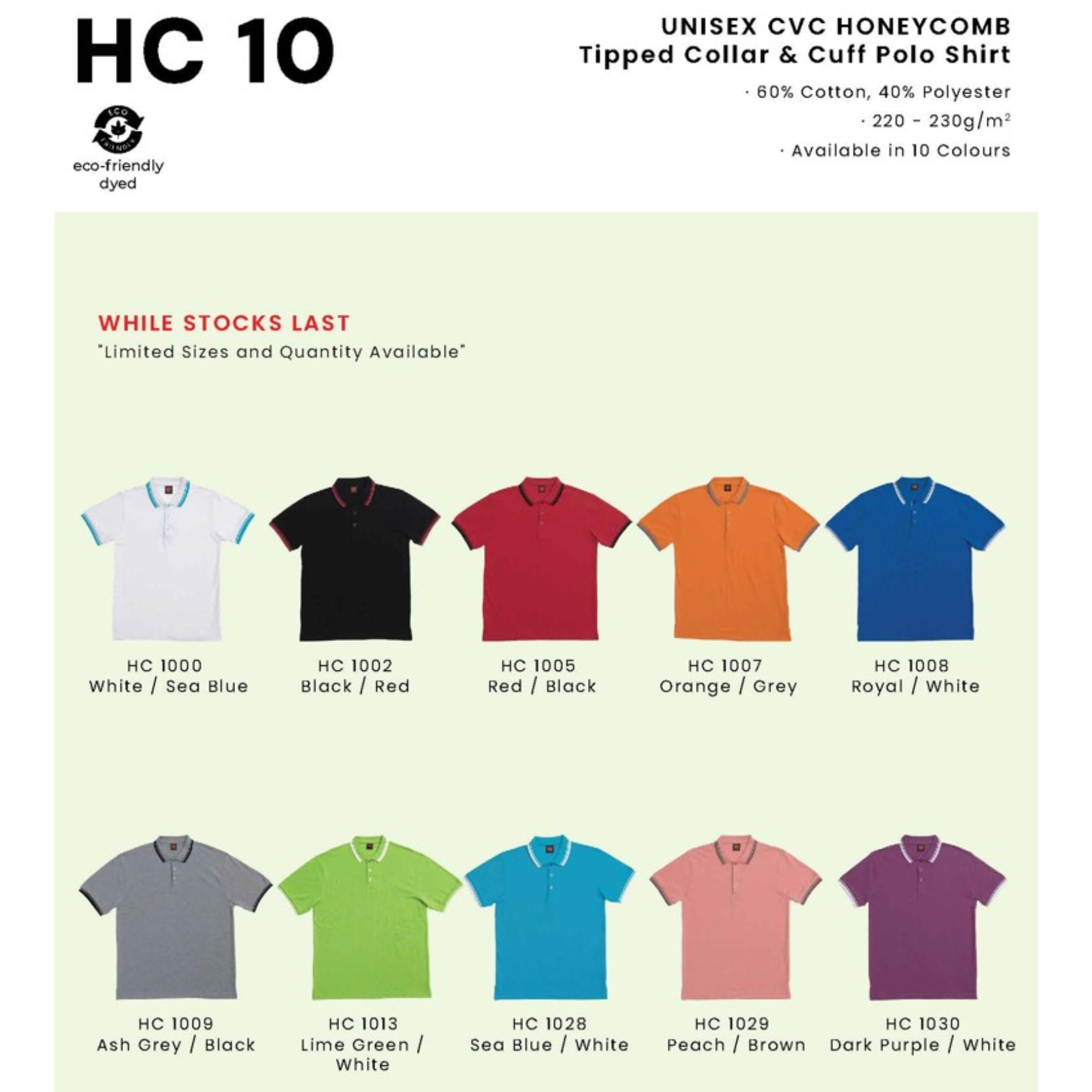 HC 10 UNISEX CVC HONEYCOMB Tipped Collar & Cuff Polo Shirt