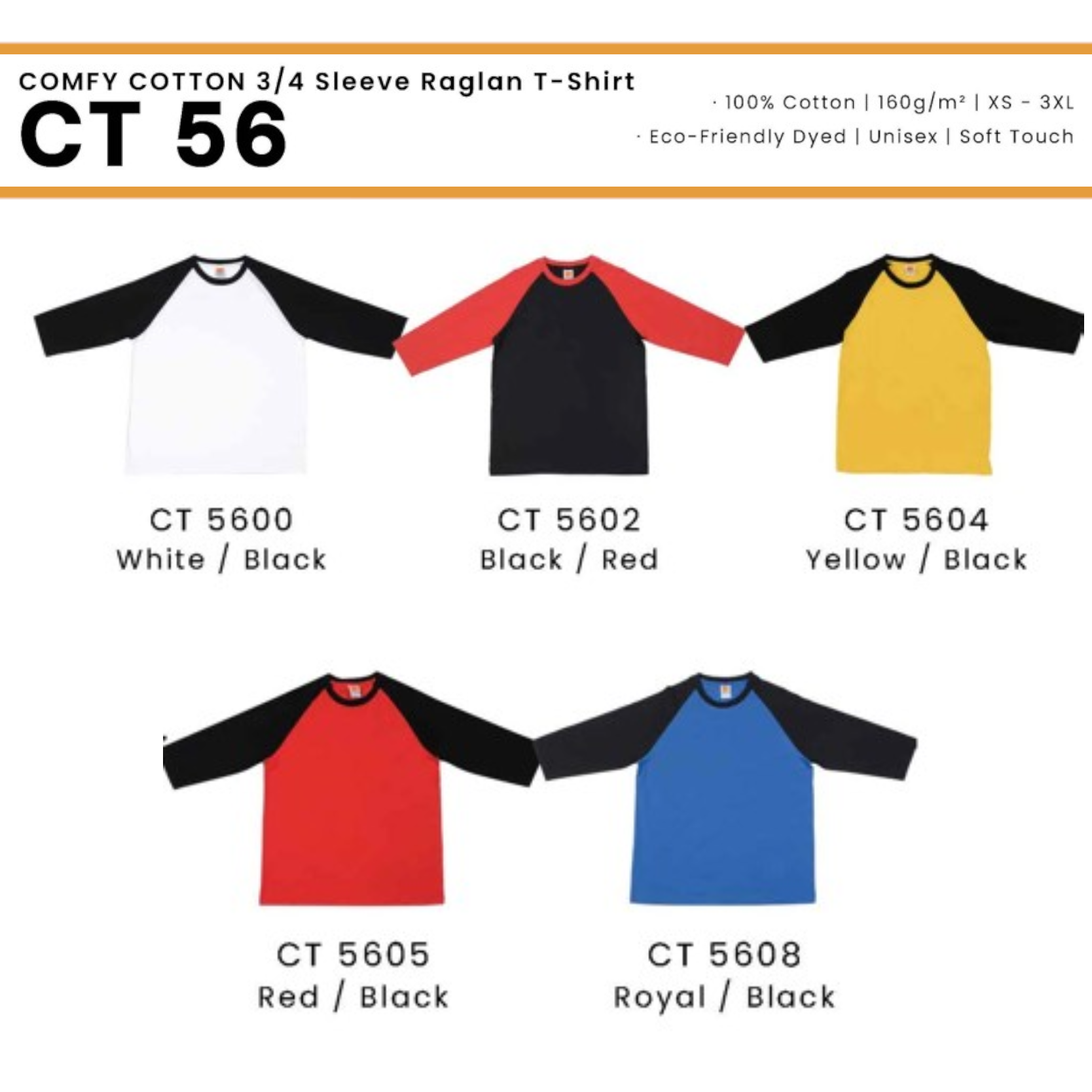 CT 56 COMFY COTTON 3/4 Sleeve Raglan T-Shirt
